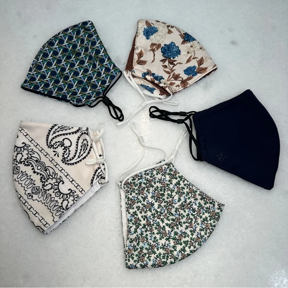 Set of 5 Tory Burch Silky Face Masks Logo Floral Geometric Adjustable Wire SET#1